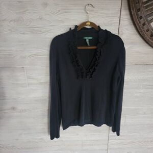 Lauren Ralph Lauren Ruffle Silk Sweater Women's SZ XL Black
